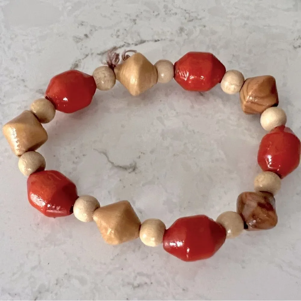 *3/$20* Boho wooden red, green and tan beaded bracelets- set of 3